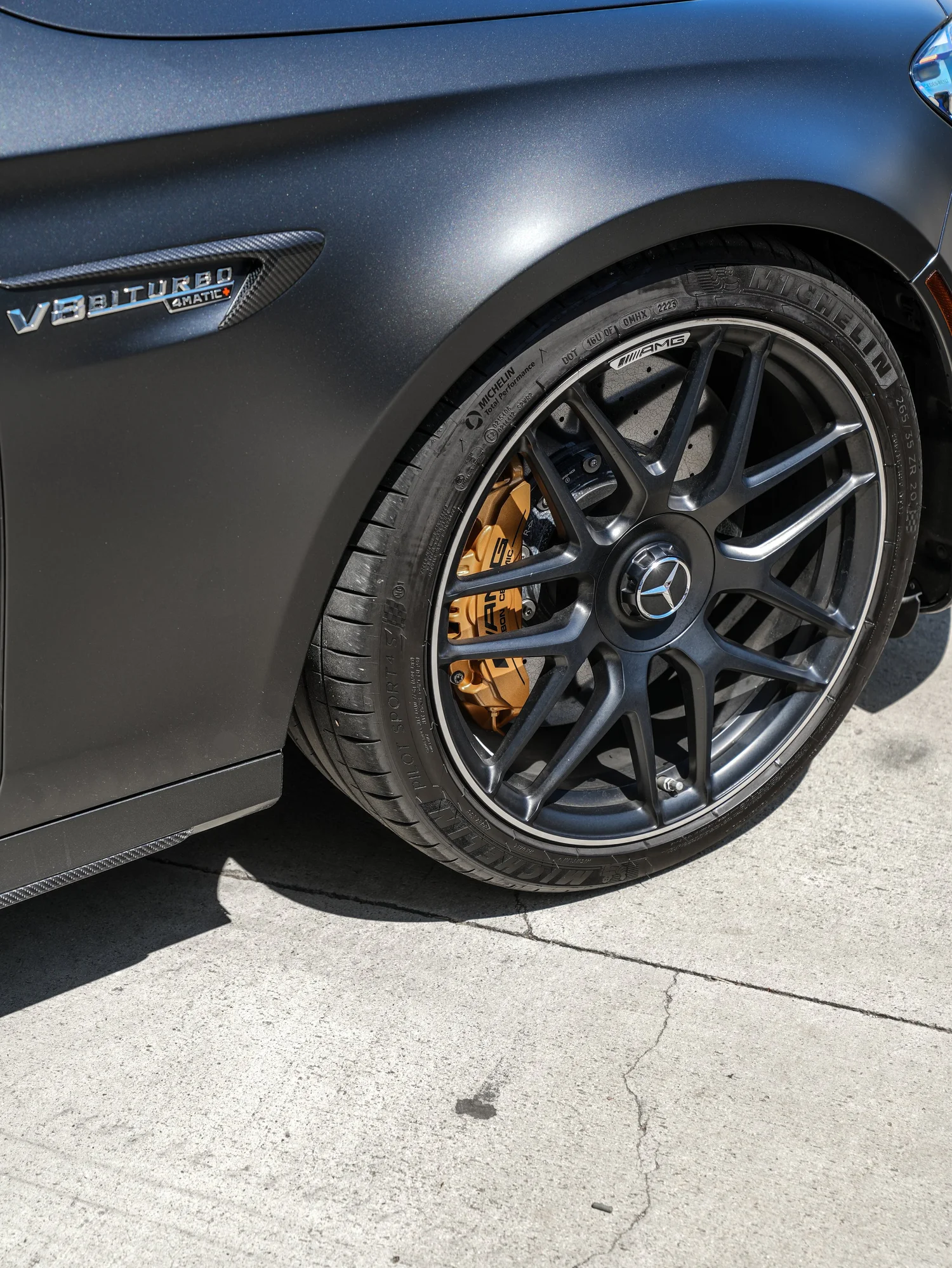 Mercedes-AMG E 63 S after Matte PPF, front-fender and wheel view