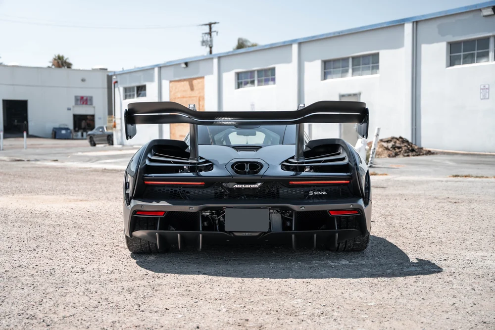 McLaren Senna straight rear view showing the large wing, central exhaust and diffuser