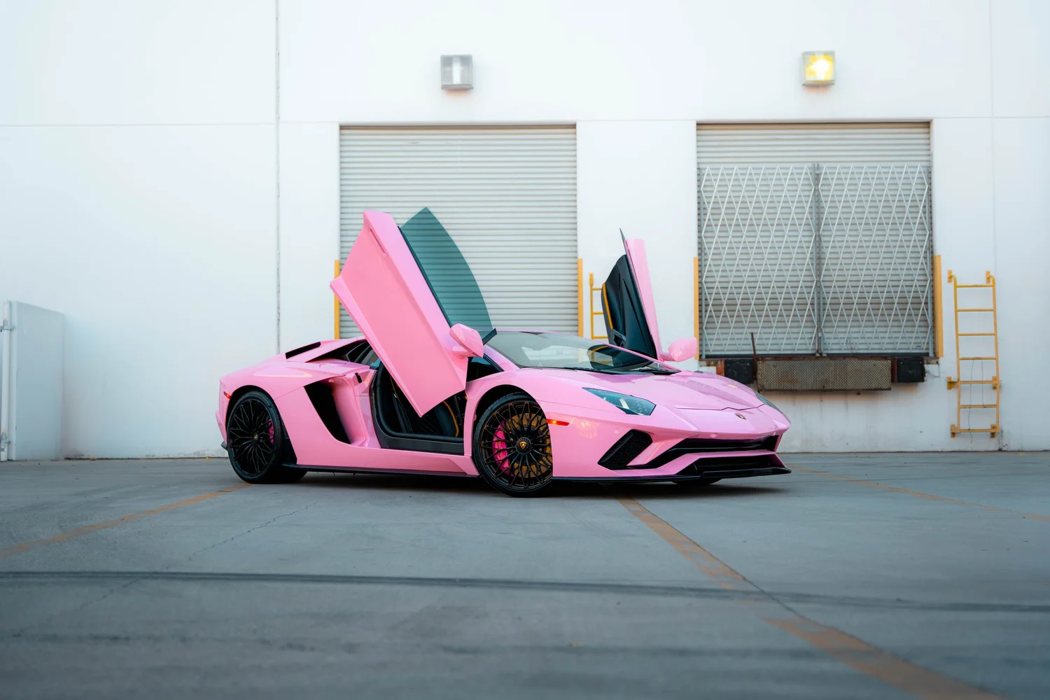Sakura pink Lamborghini Aventador with both scissor doors open at Toyz Detail Studio