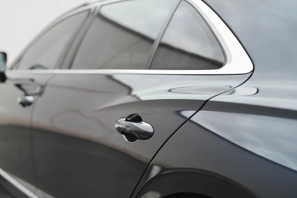 Bright window surround above the dark rear door and rounded handle.