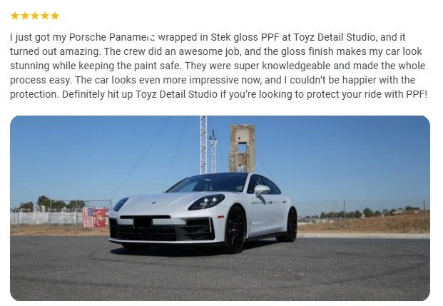 White Porsche Panamera shared in a Toyz Detail Studio Google customer review