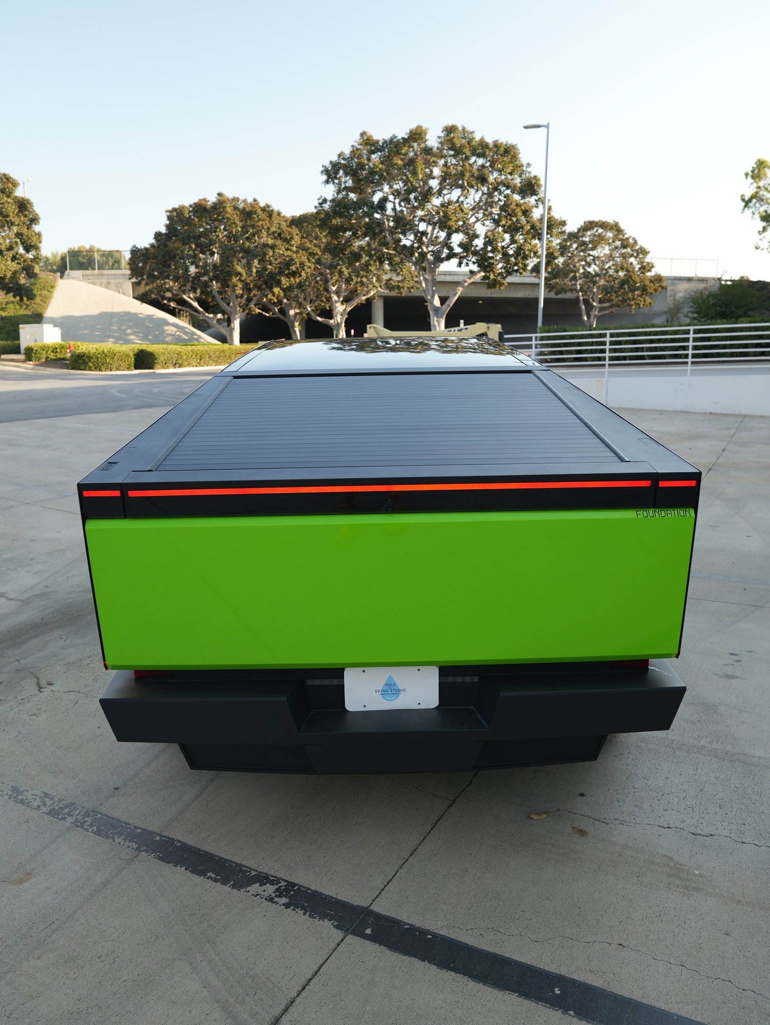 Tesla Cybertruck 3M Gloss Green after Vinyl Wrap, direct rear view