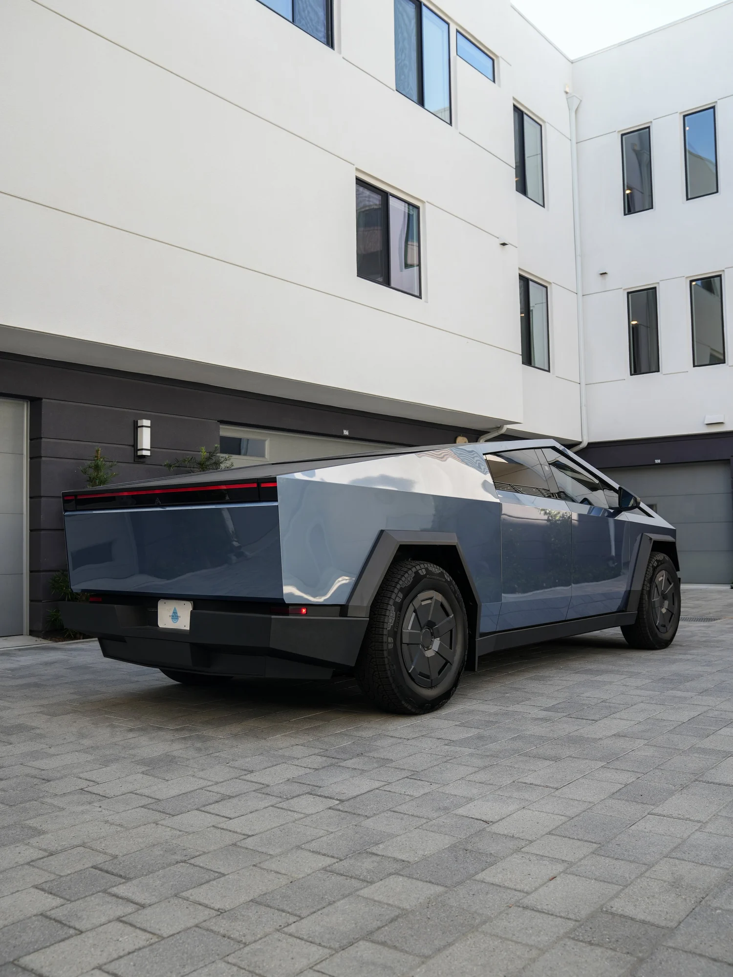 Tesla Cybertruck Tungsten Blue PPF after Paint Protection Film (PPF), rear-left three-quarter view
