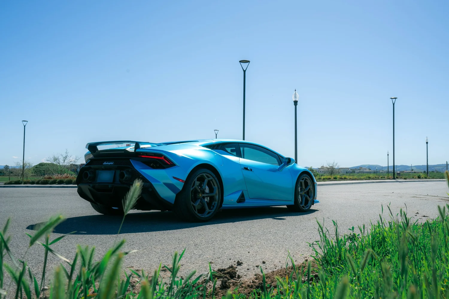 Lamborghini Huracán Tecnica after Paint Protection Film (PPF) and Vinyl Wrap, wide outdoor view