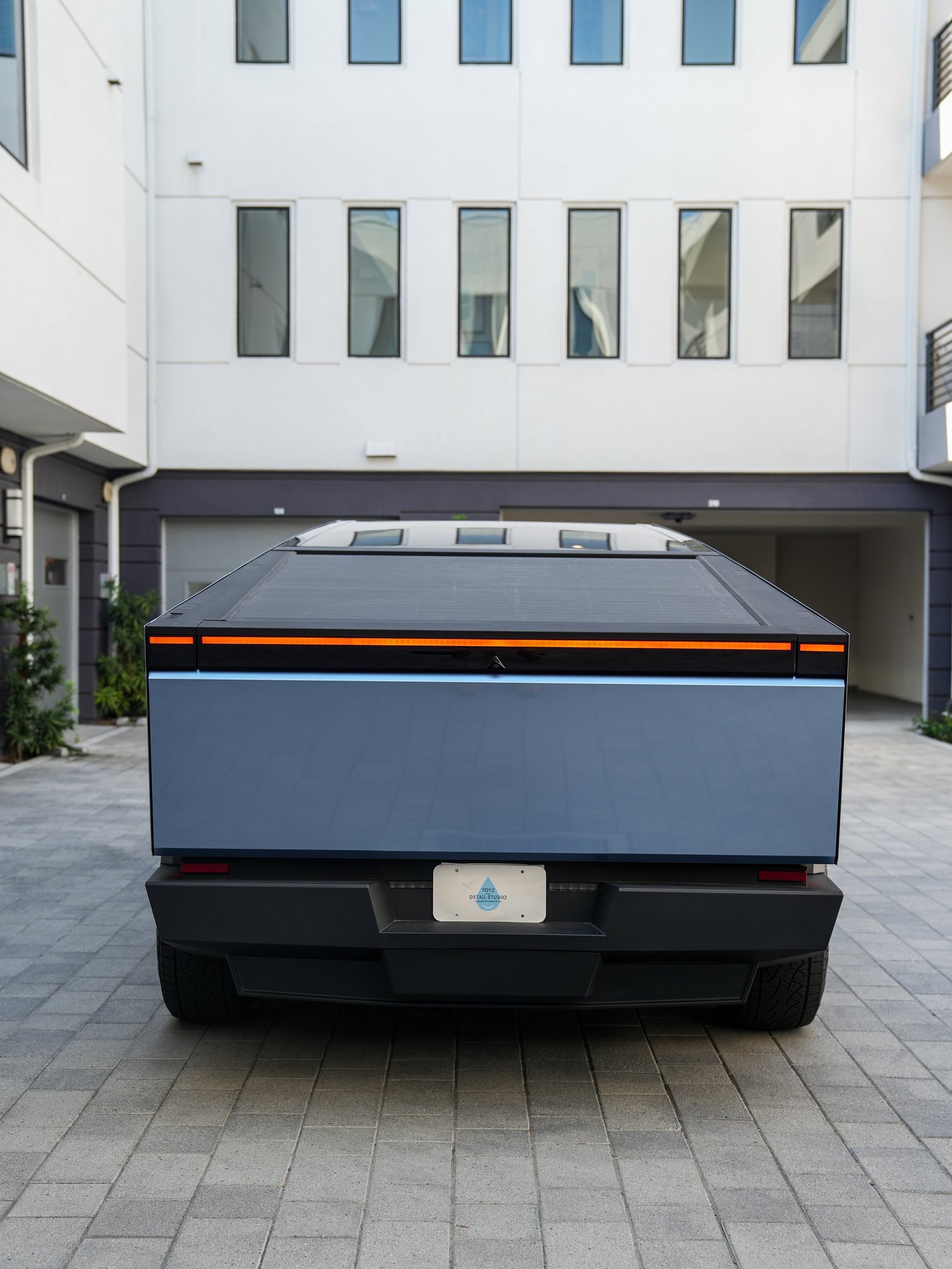Tesla Cybertruck Tungsten Blue PPF after Paint Protection Film (PPF), direct rear view