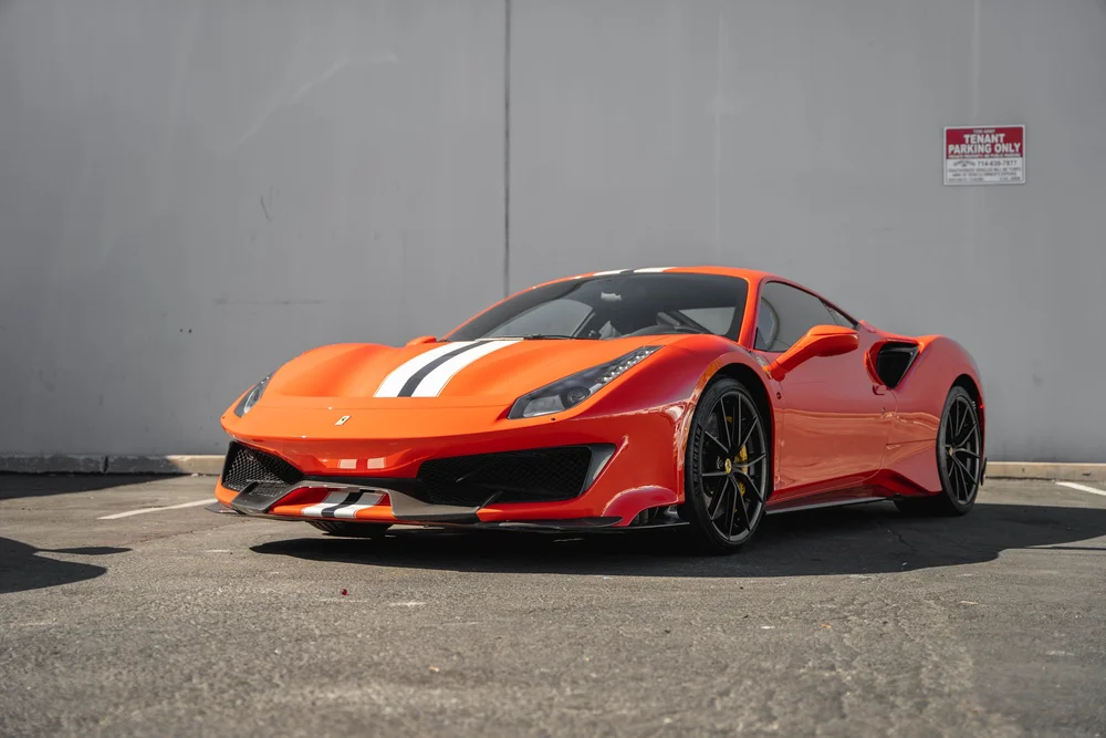 Ferrari 488 Pista front three-quarter view after tint and ceramic coating