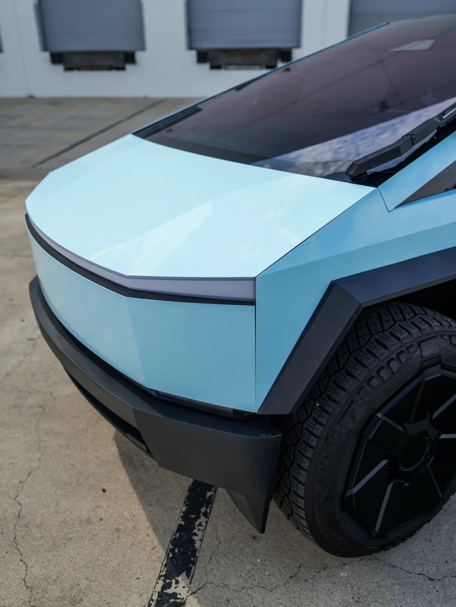 Tesla Cybertruck Permafrost Blue PPF after Paint Protection Film (PPF), film-edge and surface-finish detail