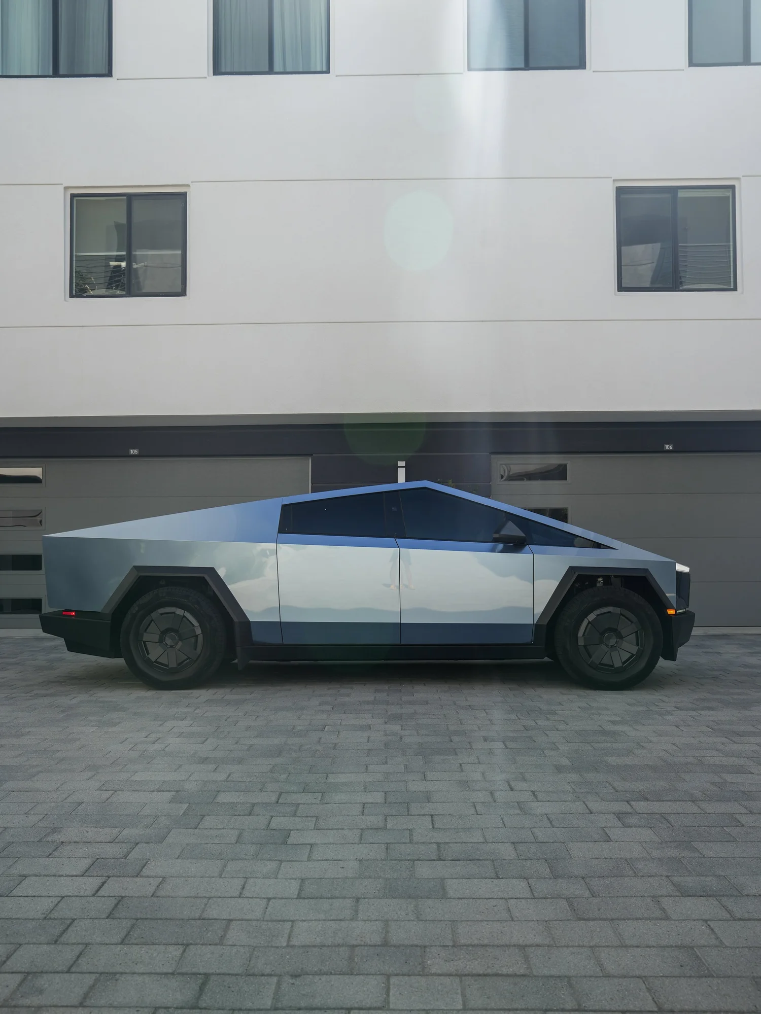 Tesla Cybertruck Tungsten Blue PPF after Paint Protection Film (PPF), rear-right three-quarter view