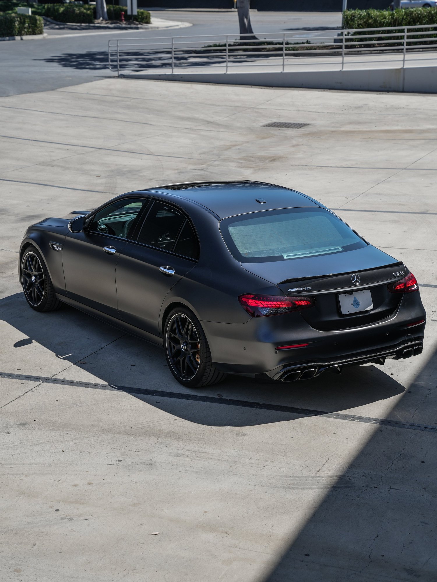 Mercedes-AMG E 63 S after Matte PPF, rear-right three-quarter view