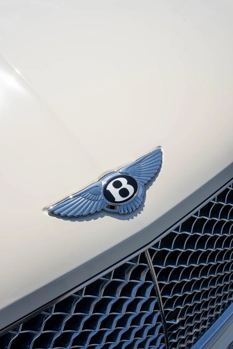 Narrow close-up of the Bentley emblem and diagonal grille edge.