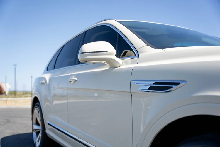 Side mirror and front-door contours reflecting the bright outdoor light.