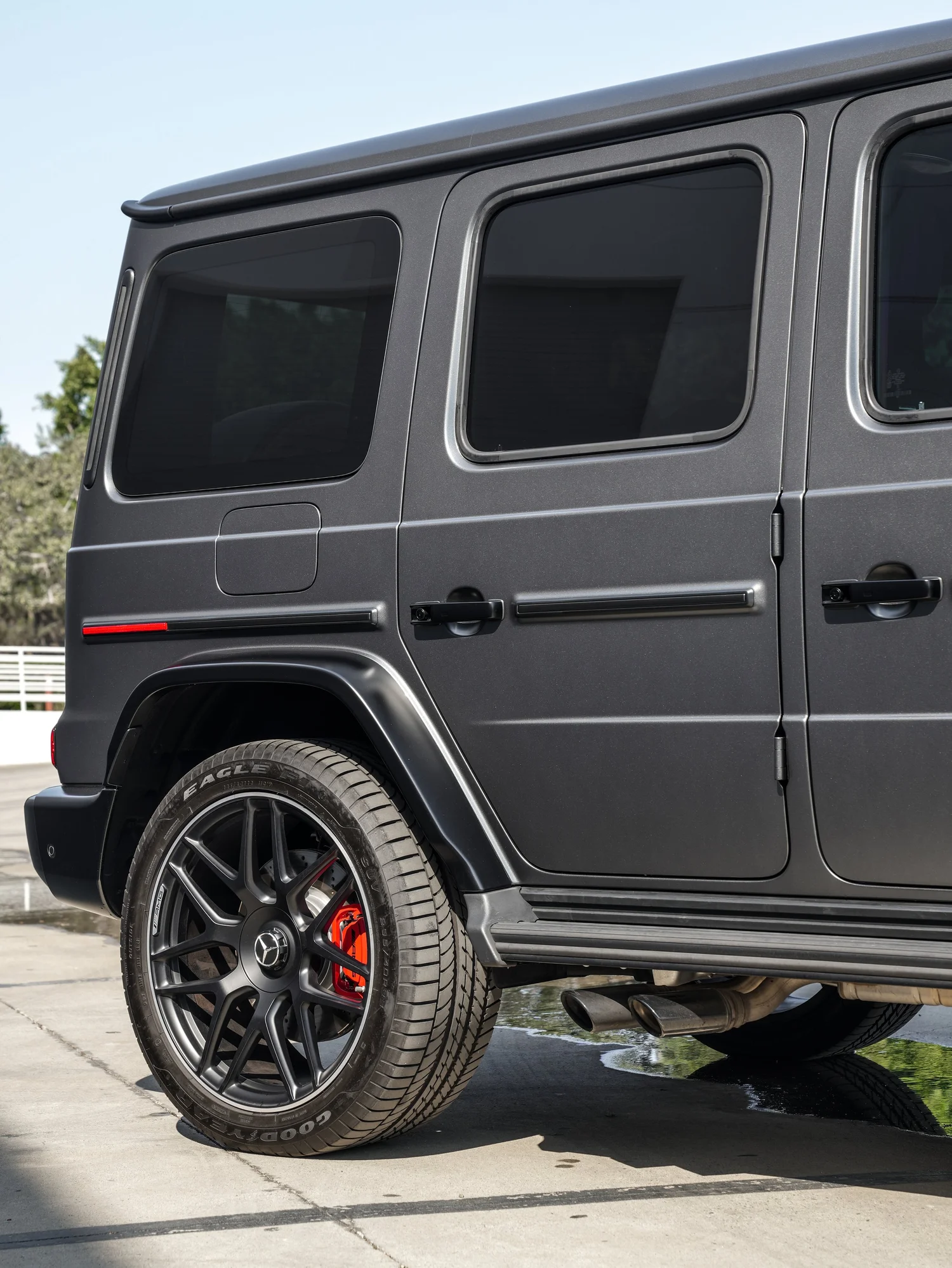 Satin Grey Mercedes-AMG G 63 after Matte PPF, Window Tint and Ceramic Coating, rear-quarter and wheel view