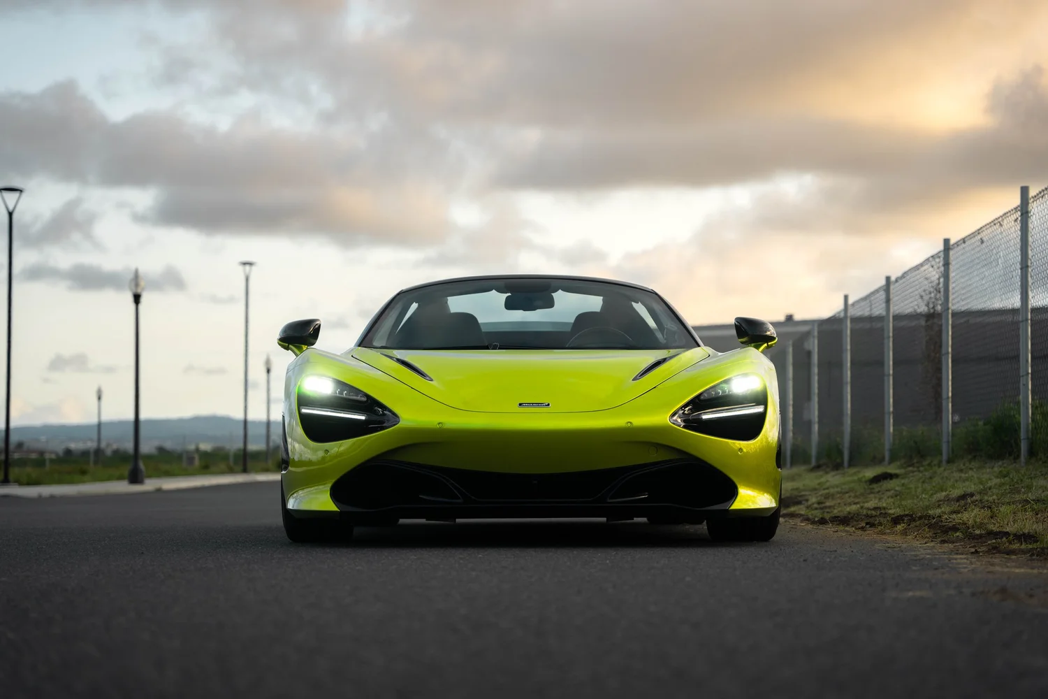 Green McLaren 720S after Paint Protection Film (PPF), Window Tint and Ceramic Coating, direct front view