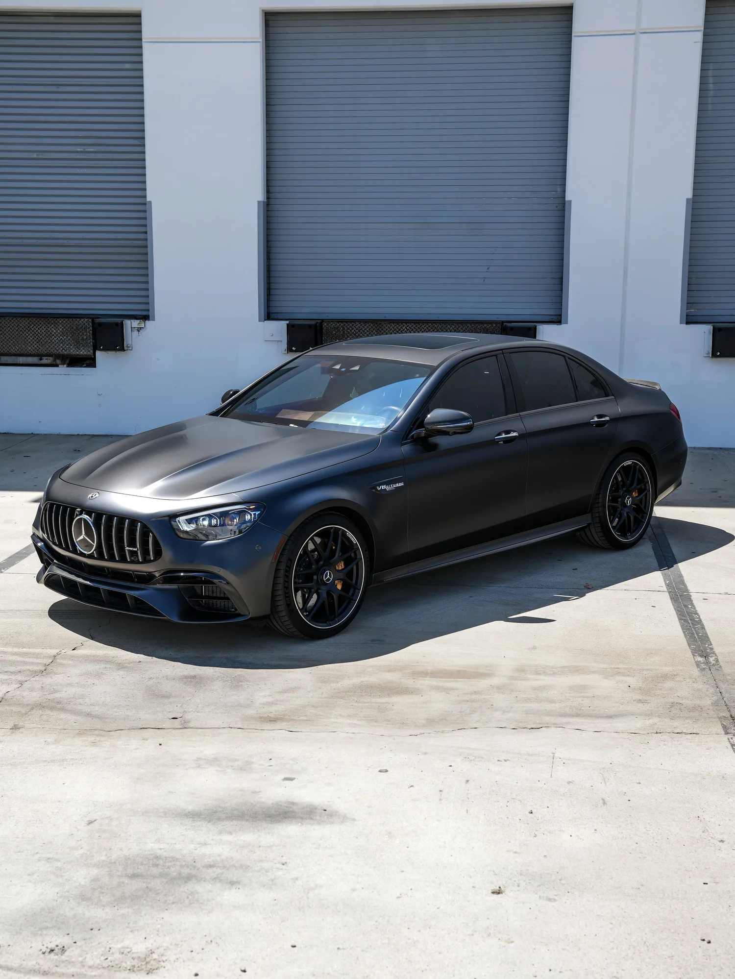 Mercedes-AMG E 63 S after Matte PPF, front-left three-quarter view