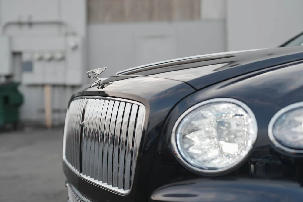 Upright silver grille bars beside a circular headlamp and hood ornament.