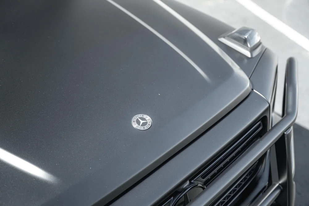 High grey G 550 hood detail with a round Mercedes badge, clear fender-top lamp and dark front guard