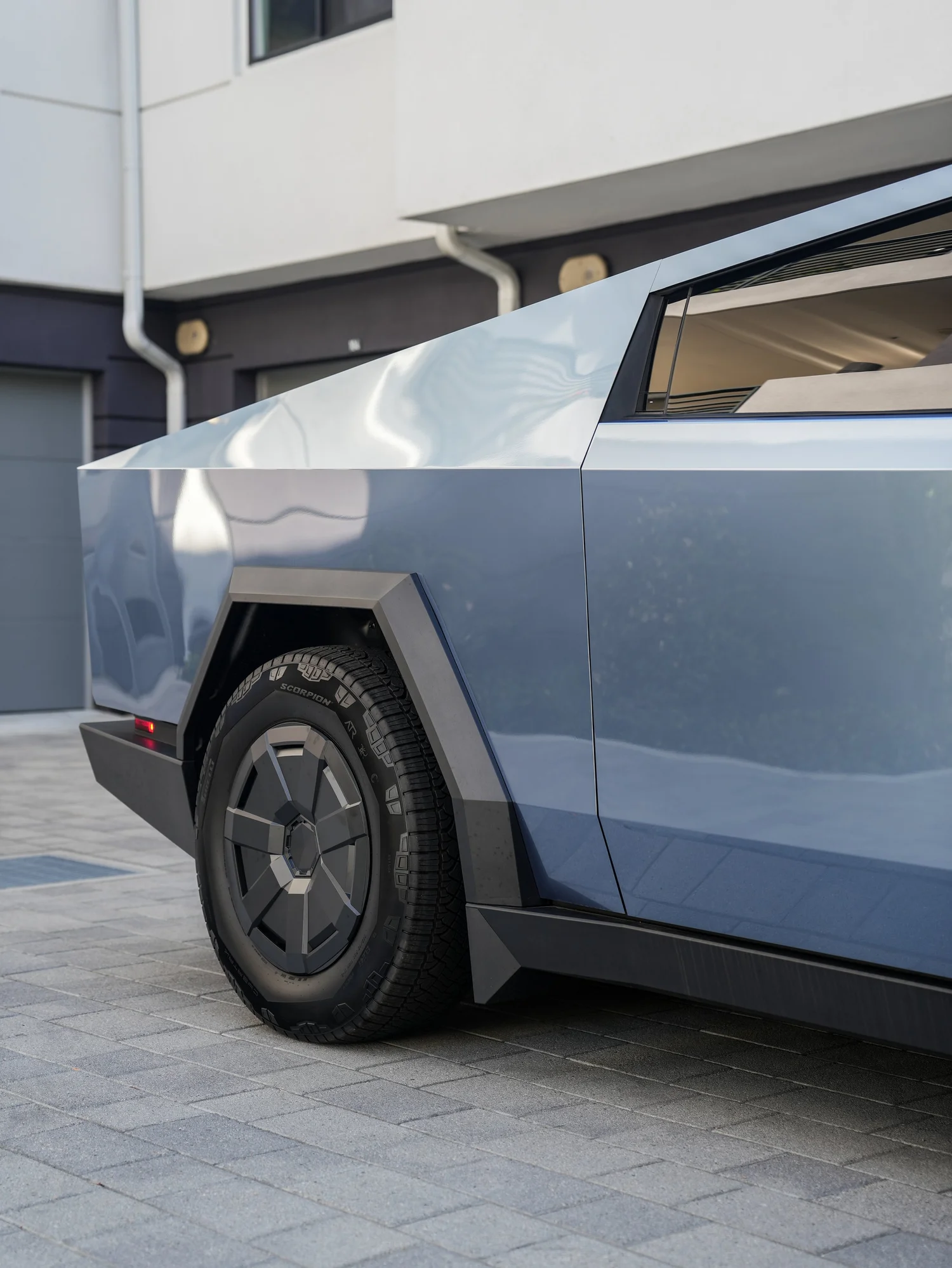 Tesla Cybertruck Tungsten Blue PPF after Paint Protection Film (PPF), rear-quarter and wheel view