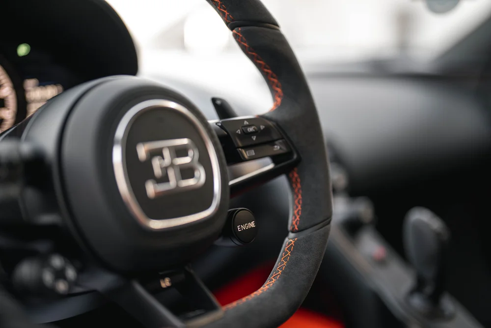 Bugatti Chiron Super Sport 300+ steering-wheel center and orange stitching