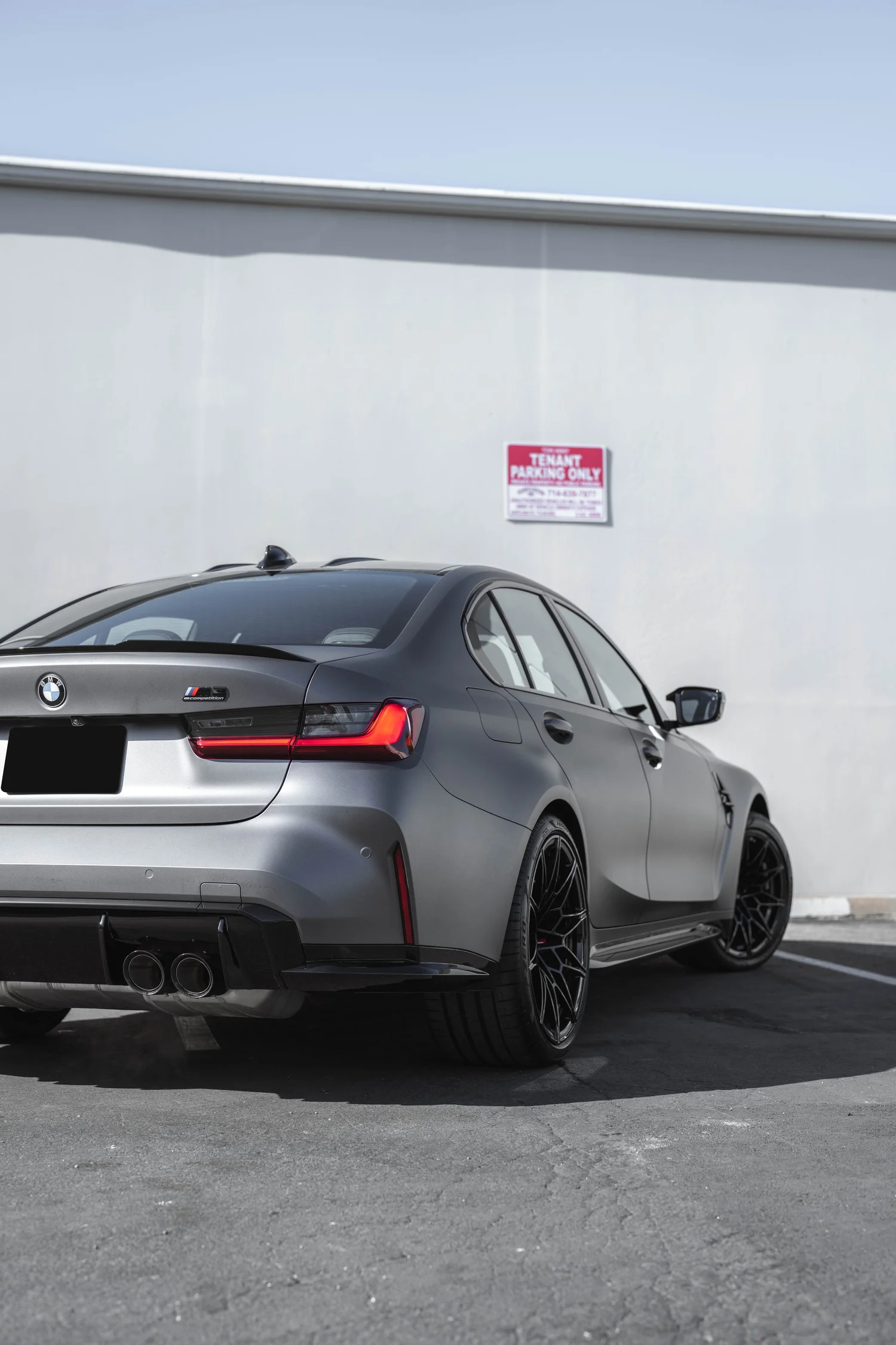 BMW M3 Matte Grey after Vinyl Wrap, rear-right three-quarter view