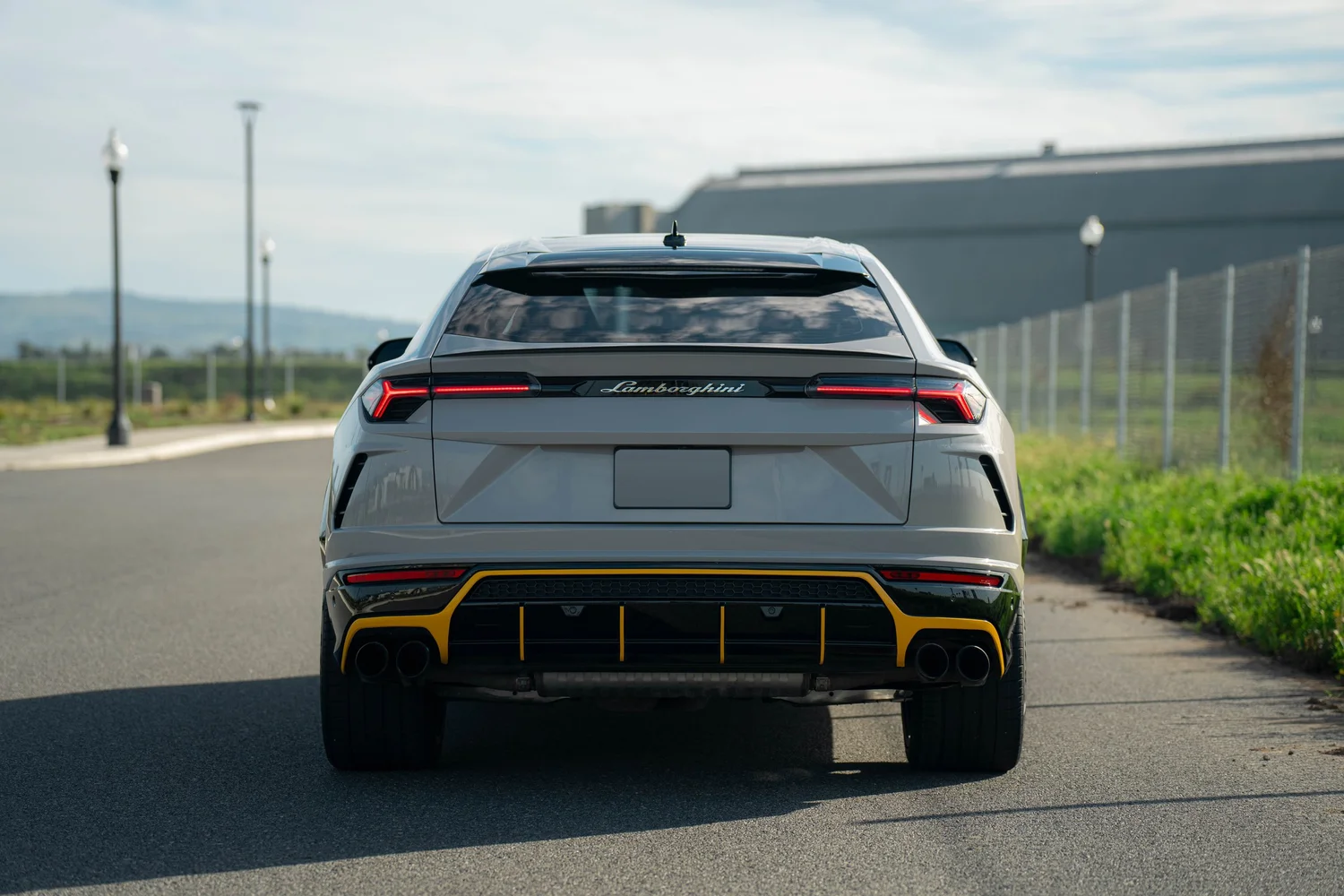 Lamborghini Urus Chalk after Vinyl Wrap, direct rear view