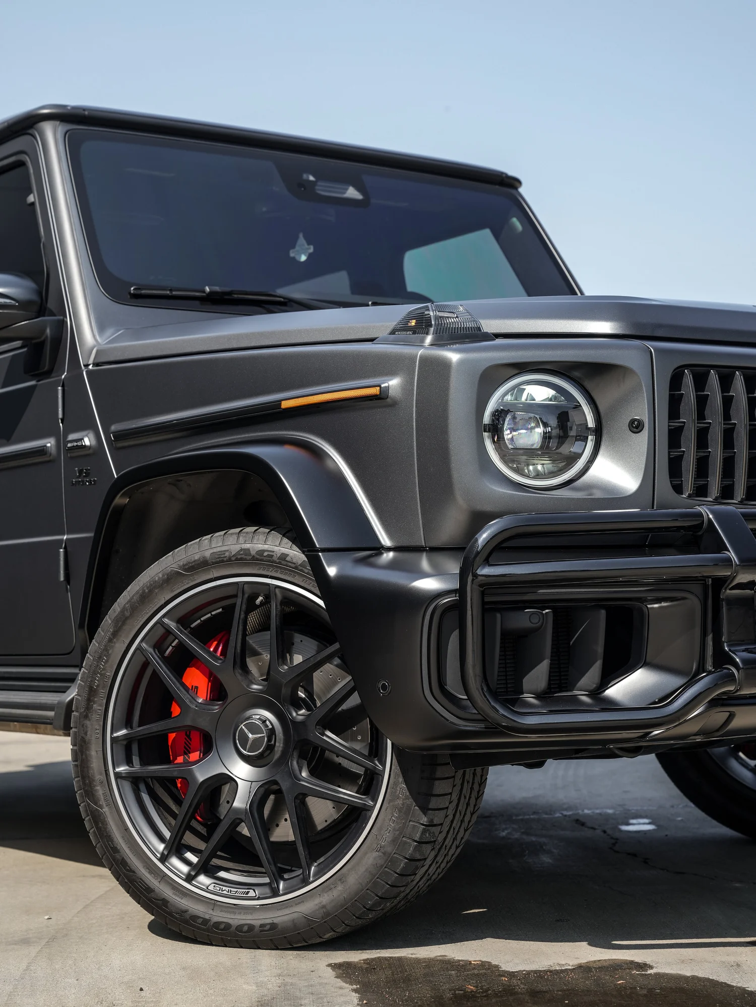 Satin Grey Mercedes-AMG G 63 after Matte PPF, Window Tint and Ceramic Coating, front wheel and body view