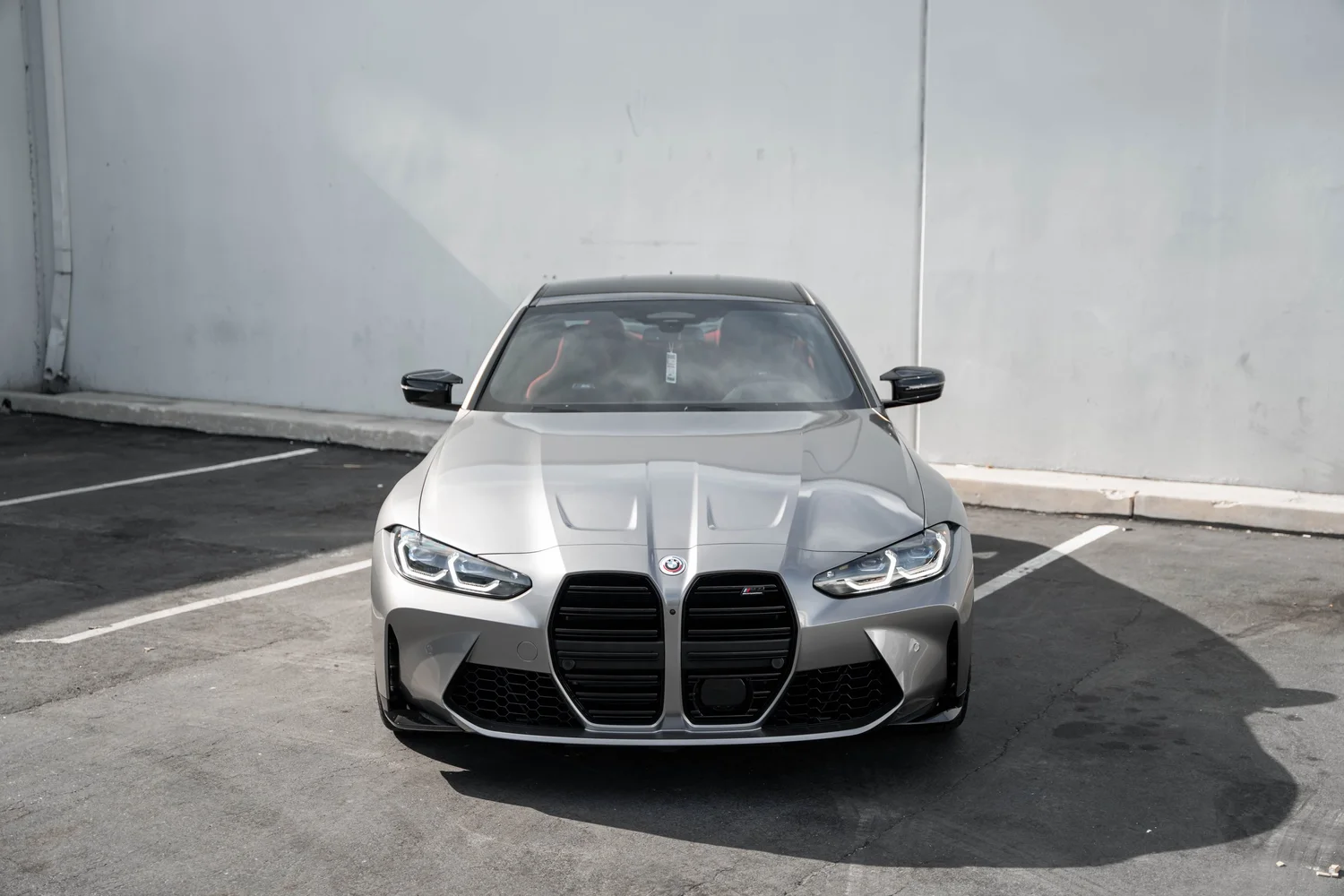 BMW M4 Silver Vinyl Wrap, direct front view