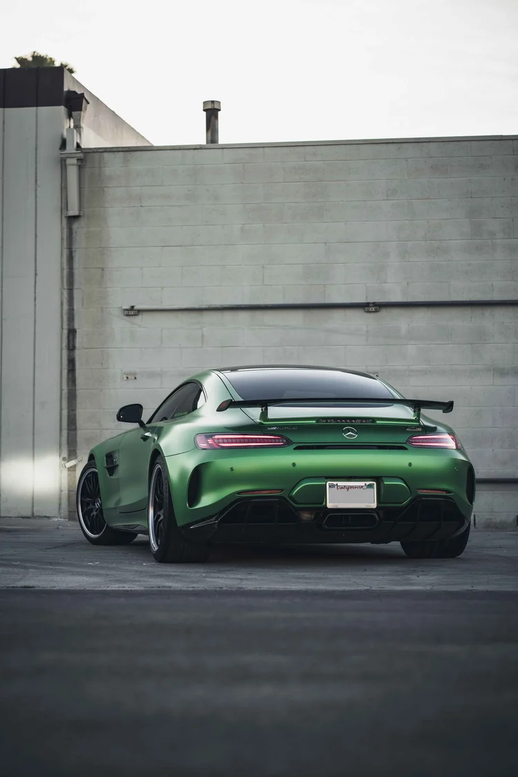 Complete green coupe from the rear in a tall frame, with the black wing above red lamps and dark lower bumper.
