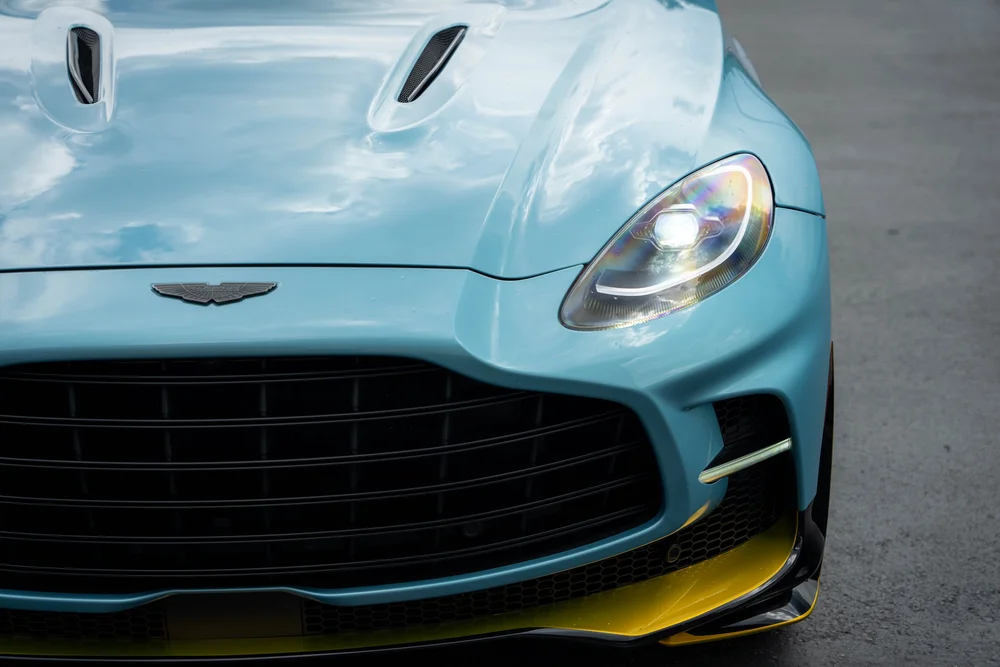 Aston Martin DBX 707 hood vents, headlamp and front grille detail from above