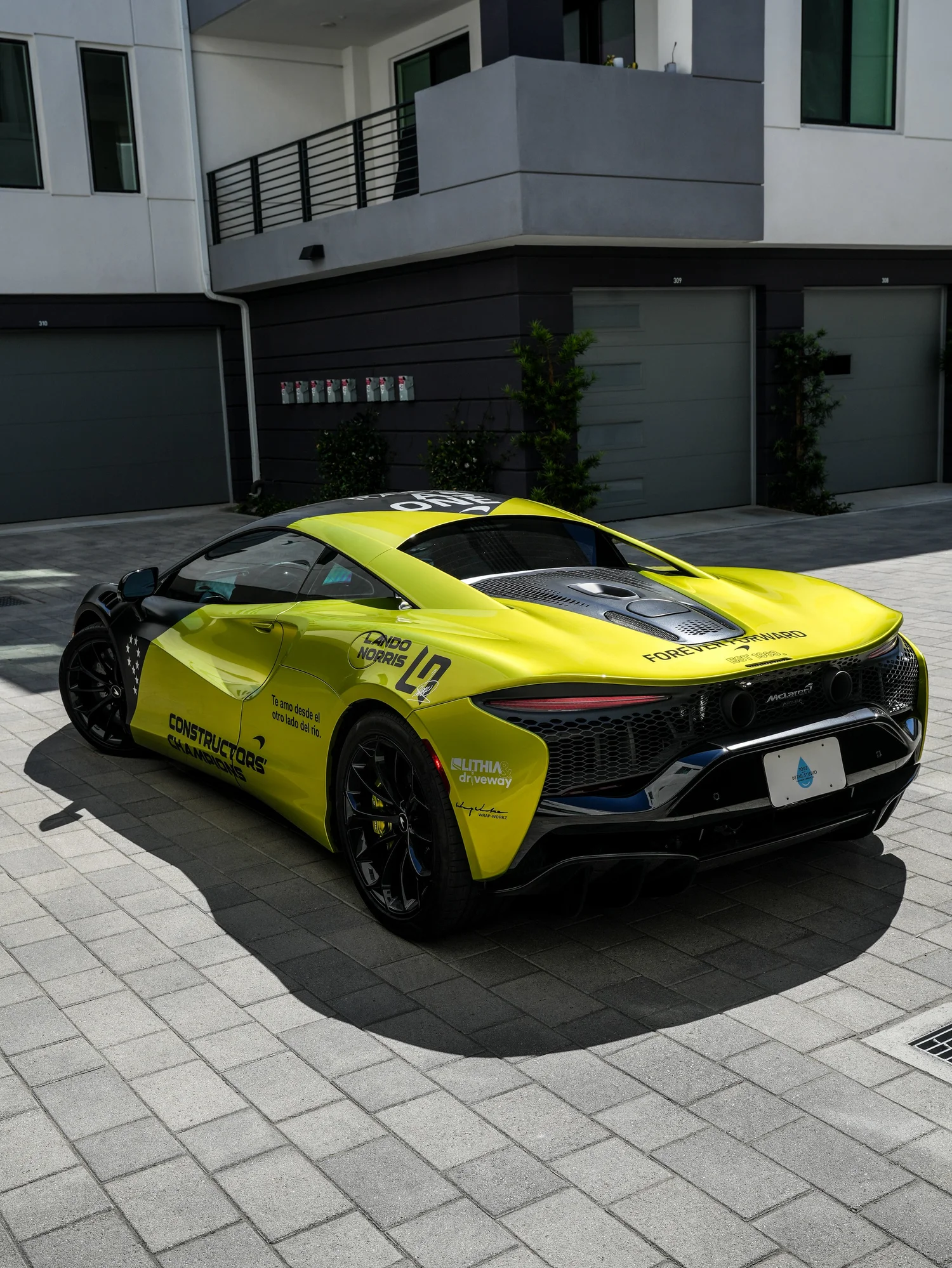 McLaren Artura MCL38 Tribute Custom Wrap after Window Tint, Vinyl Wrap and Custom Graphics, rear-right three-quarter view