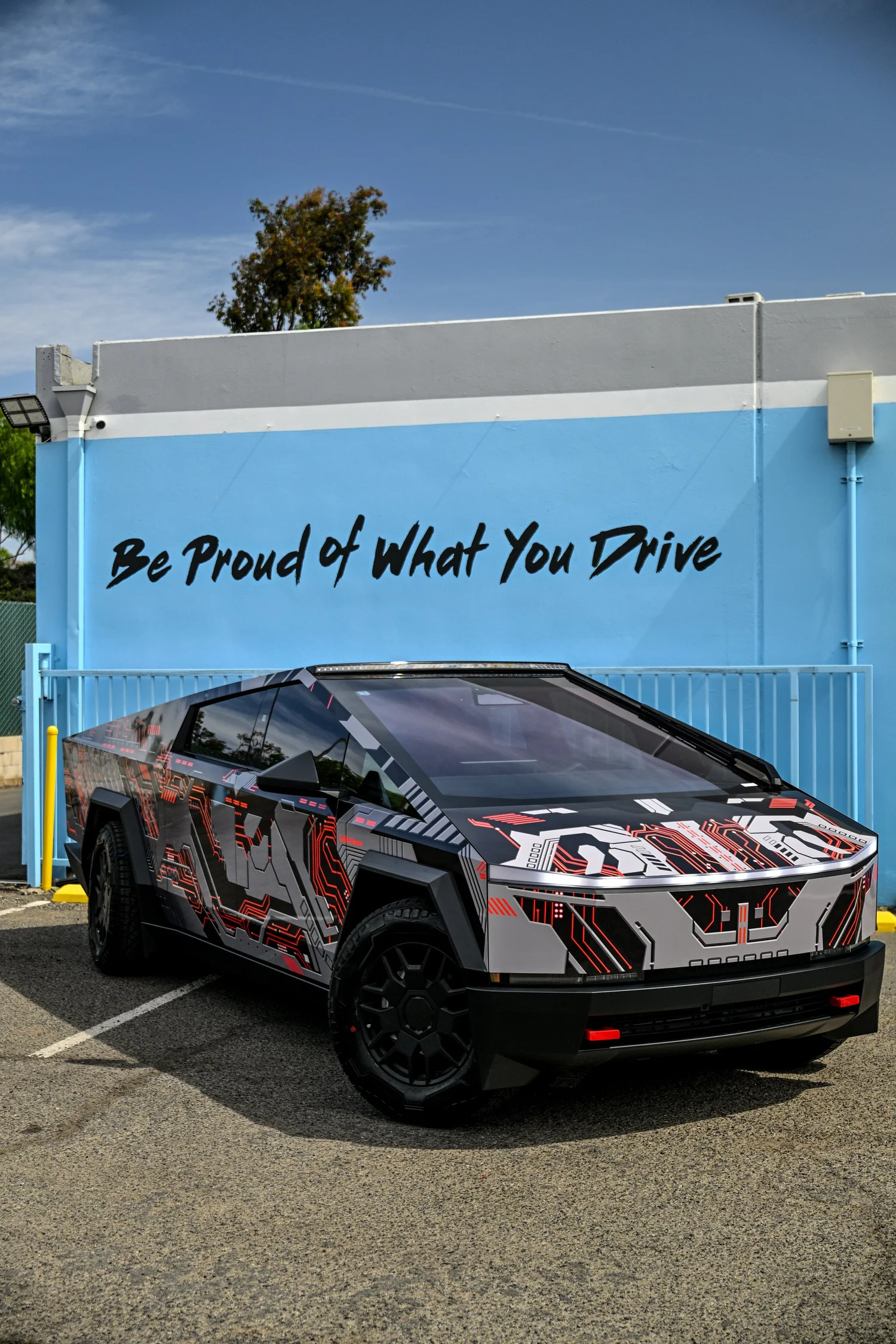 Tesla Cybertruck with custom mecha graphic wrap in Irvine