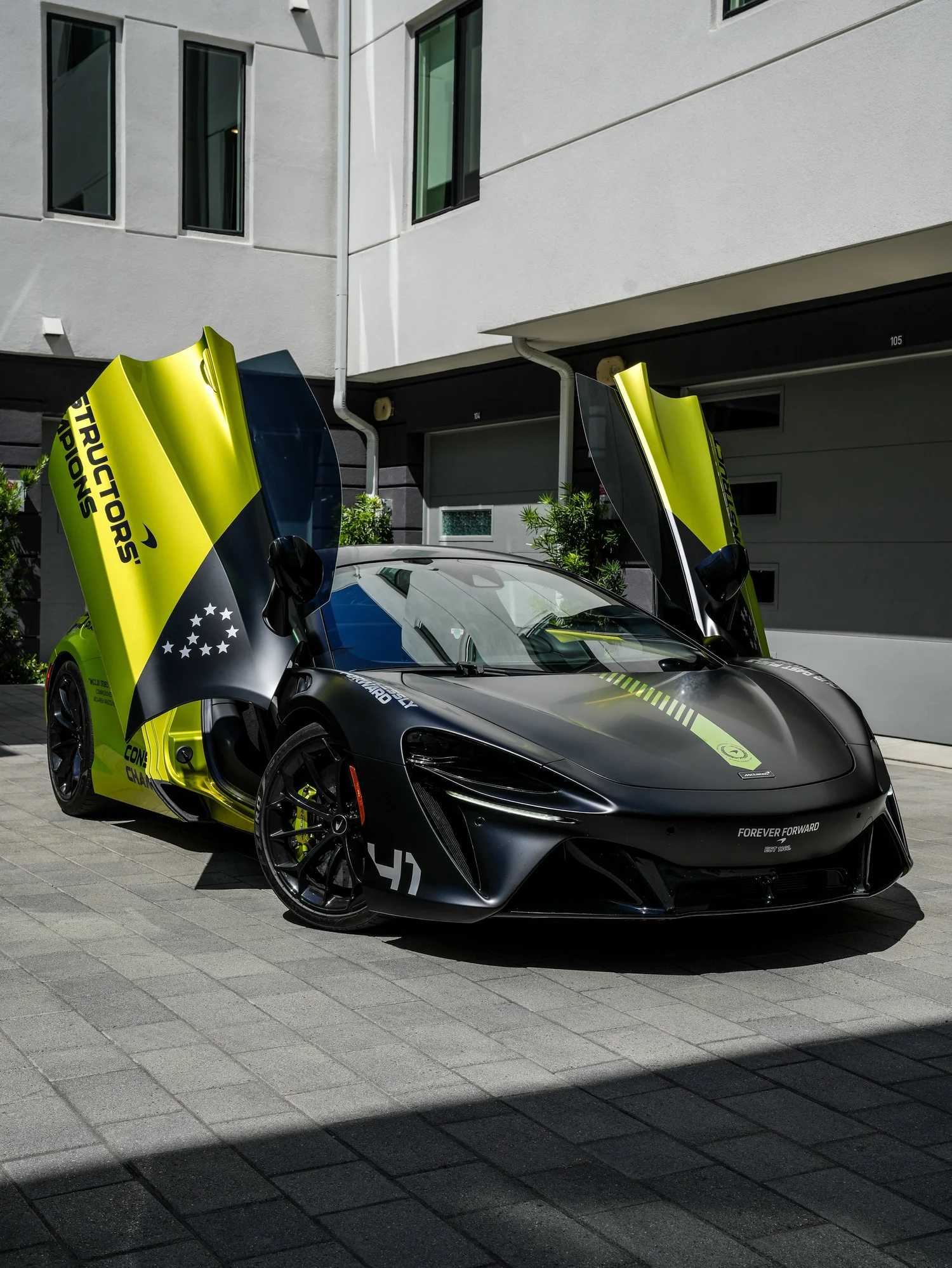 McLaren Artura MCL38 Tribute Custom Wrap after Window Tint, Vinyl Wrap and Custom Graphics, front-left three-quarter view