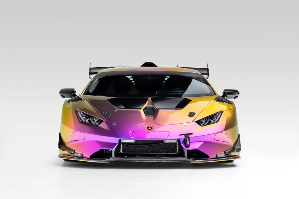 Front view of a multicolor Lamborghini showing gloss and surface clarity.