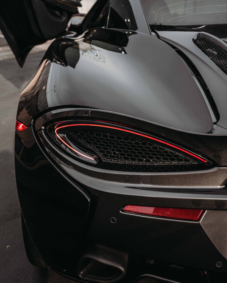 Close rear-corner view of the red lamp outline, mesh and glossy fender beneath an open door.