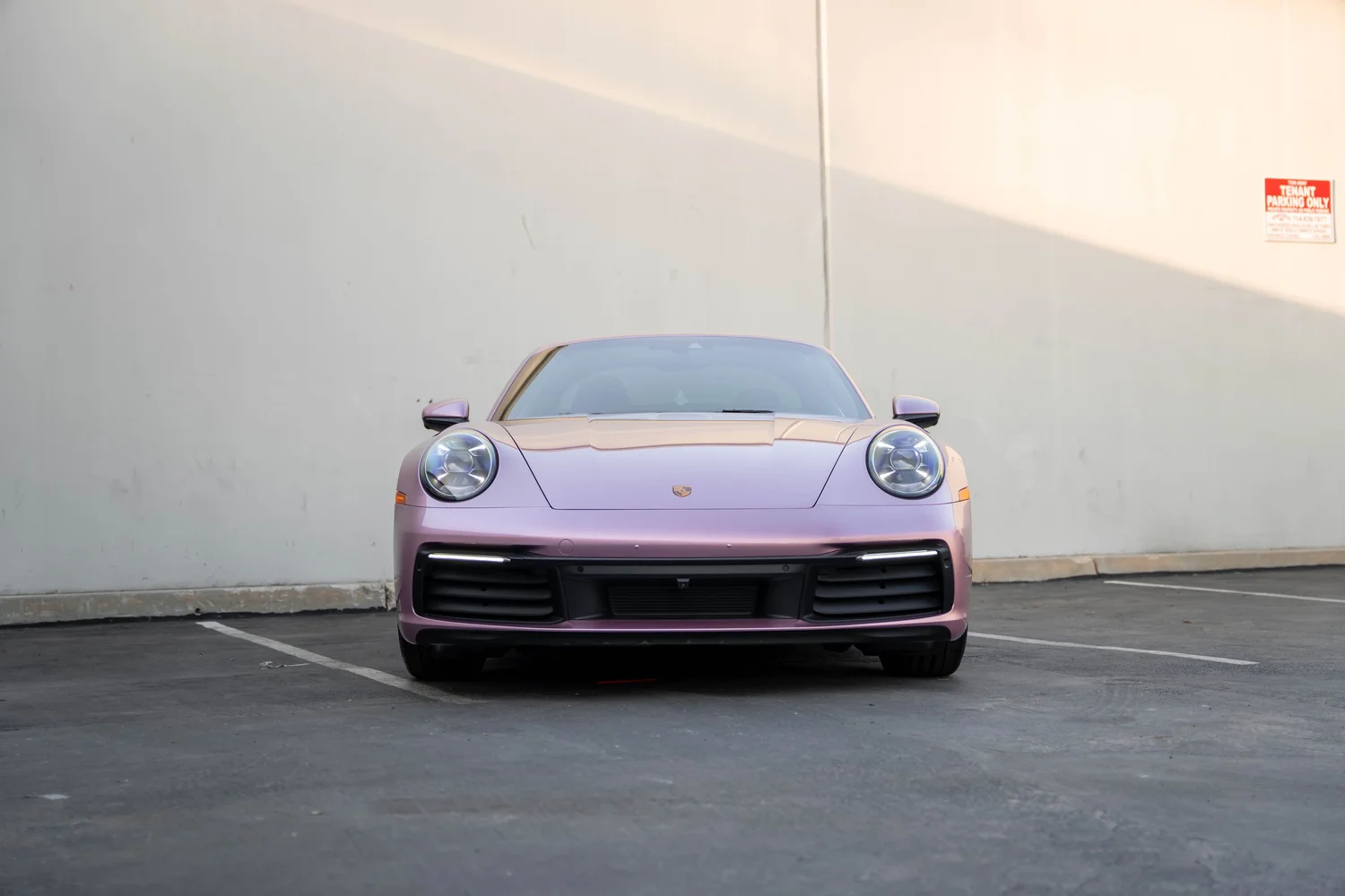 Porsche 911 Metallic Pink after Vinyl Wrap, direct front view