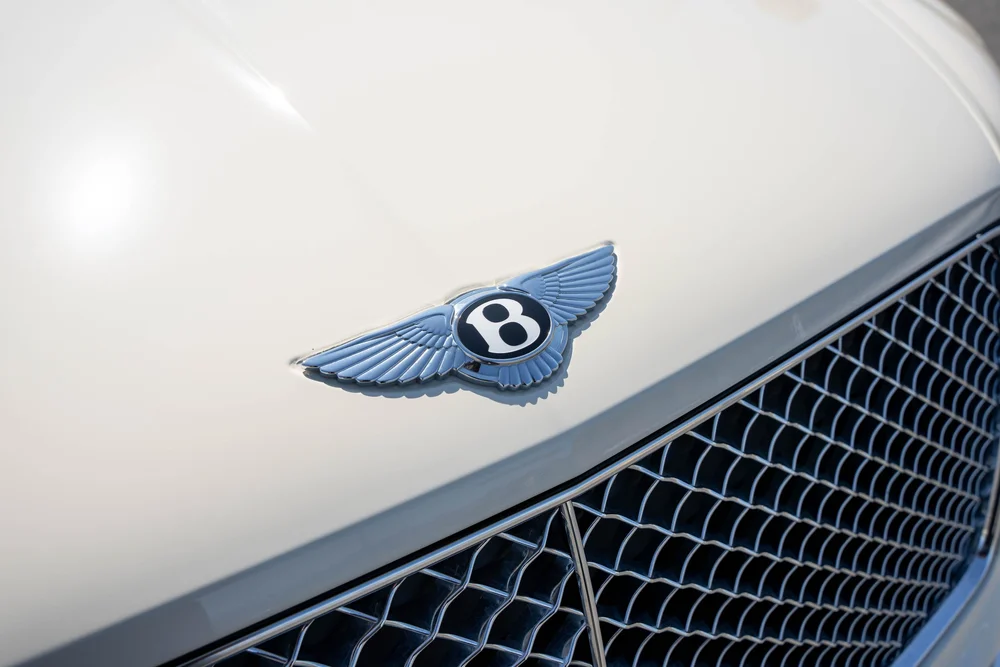 Winged Bentley hood badge above the silver-edged mesh grille.