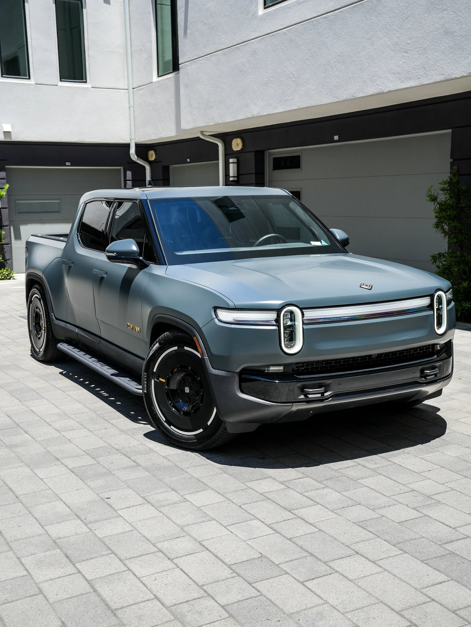 Rivian R1T after Matte PPF and Window Tint, front-right three-quarter view