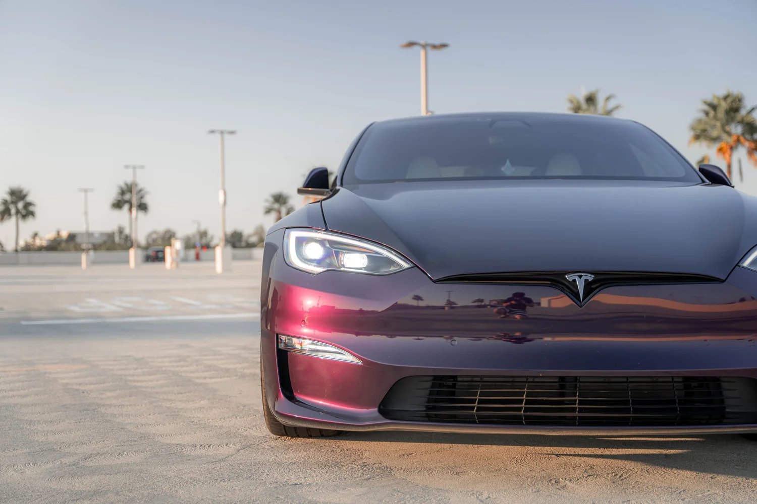 Tesla Model S Midnight Purple after Vinyl Wrap, direct front view
