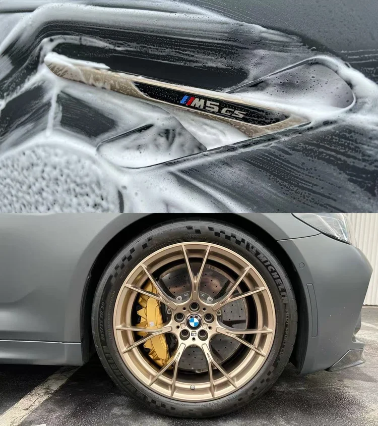 Close-up of a BMW M5 CS wheel, brake caliper, and fender after careful cleaning