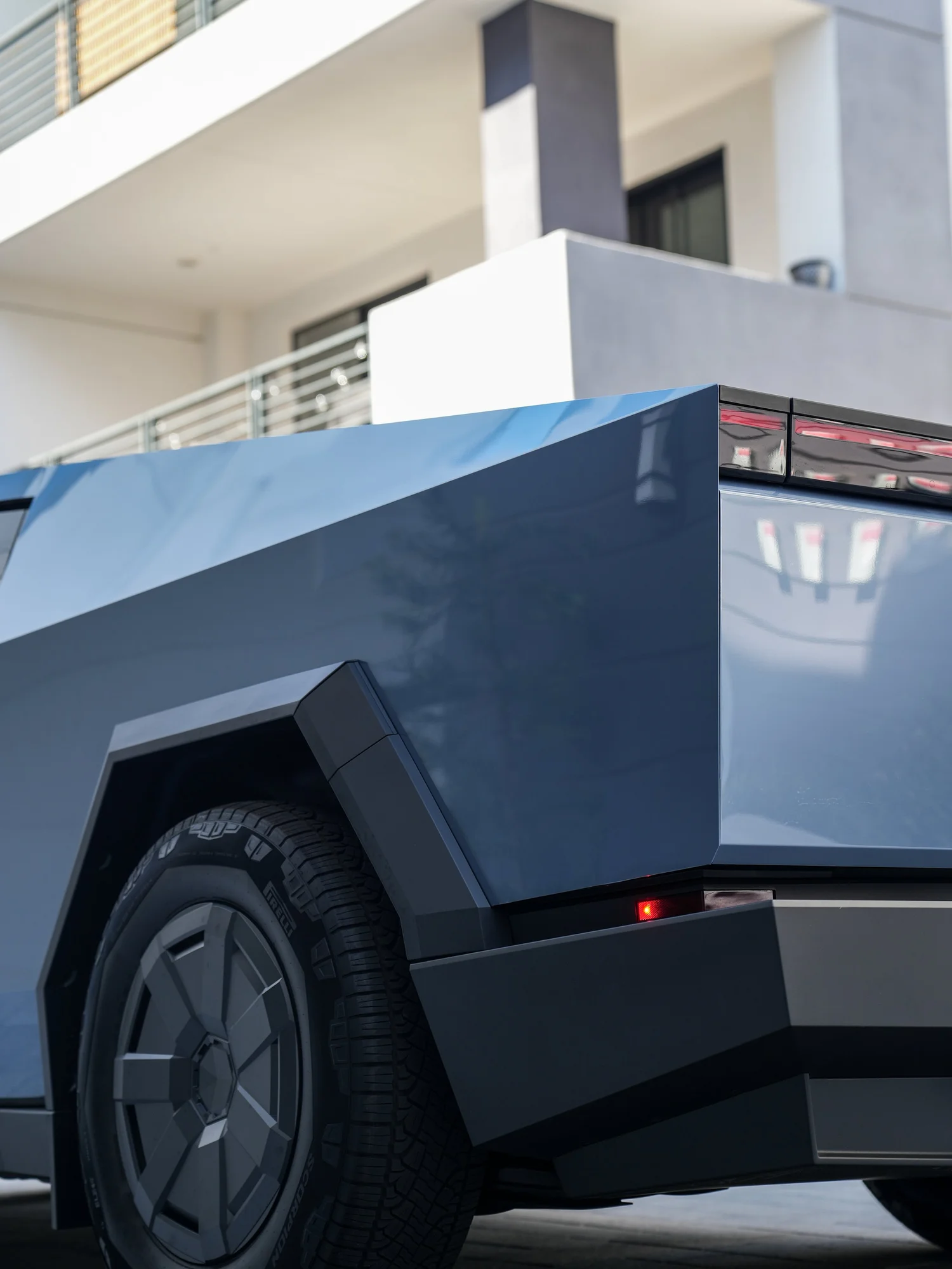 Tesla Cybertruck Tungsten Blue PPF after Paint Protection Film (PPF), rear body and taillight view