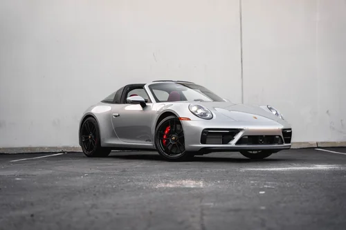 Silver Porsche 911 Targa 4 GTS, front three-quarter view
