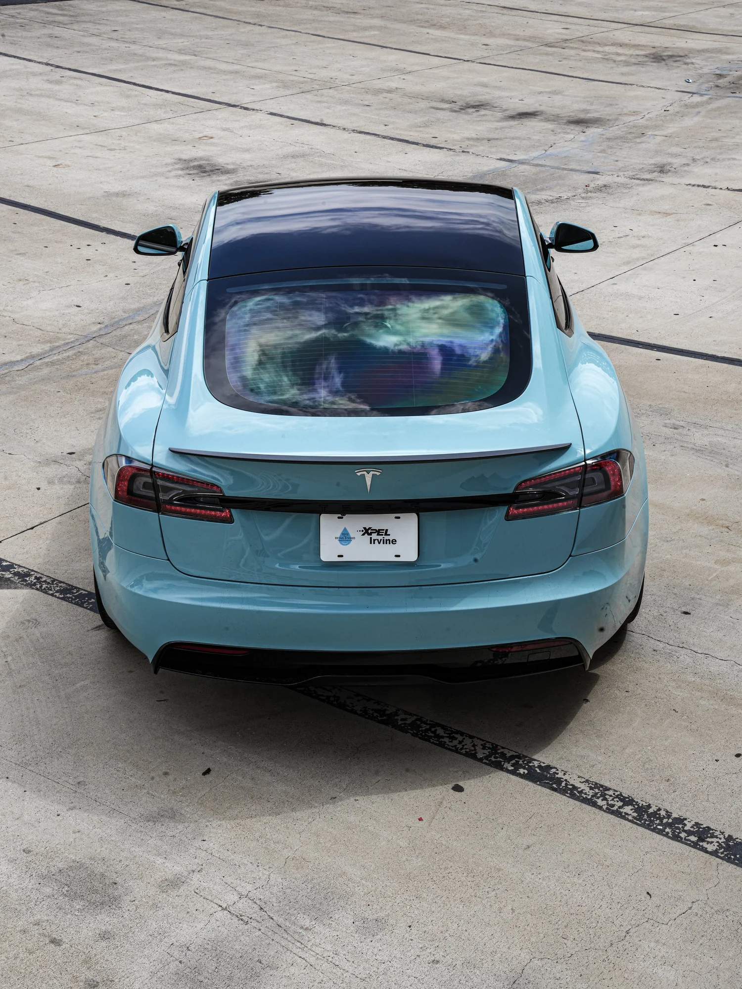 Tesla Model S Missen Blue Colored PPF after Paint Protection Film (PPF), low-angle rear view