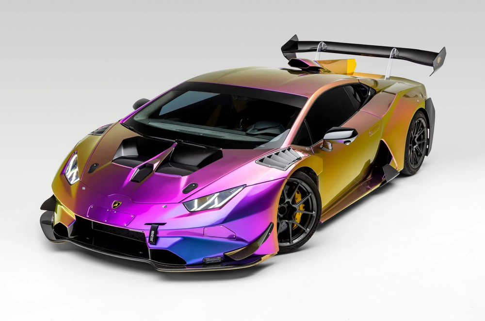 Three-quarter view of a multicolor Lamborghini with a reflective ceramic-coated finish.