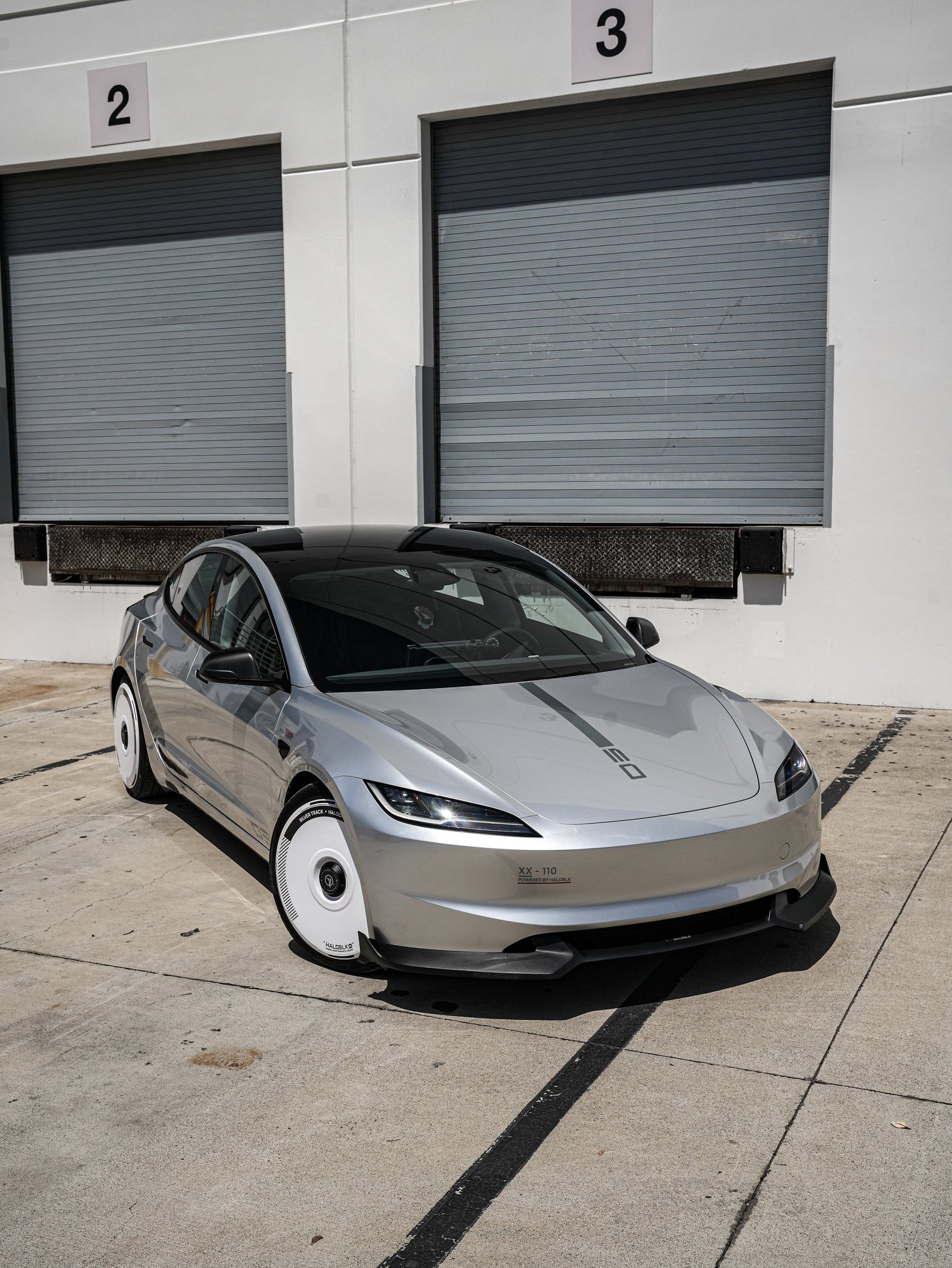 Tesla Model 3 Halo Edition Custom Wrap after Vinyl Wrap, front-right three-quarter view