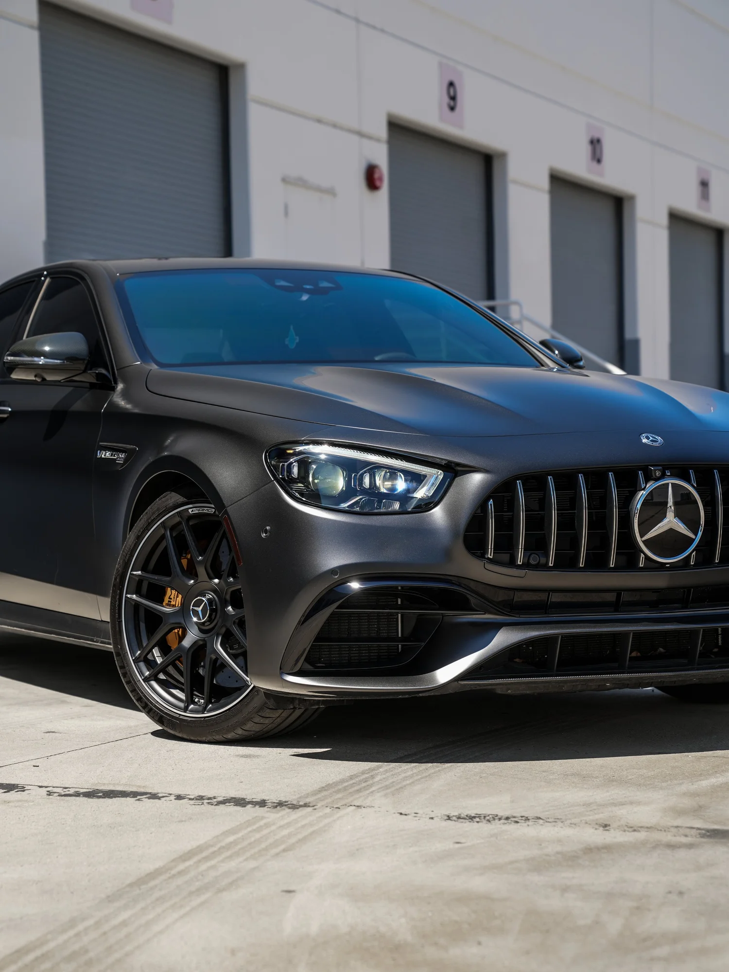 Mercedes-AMG E 63 S after Matte PPF, front wheel and body view