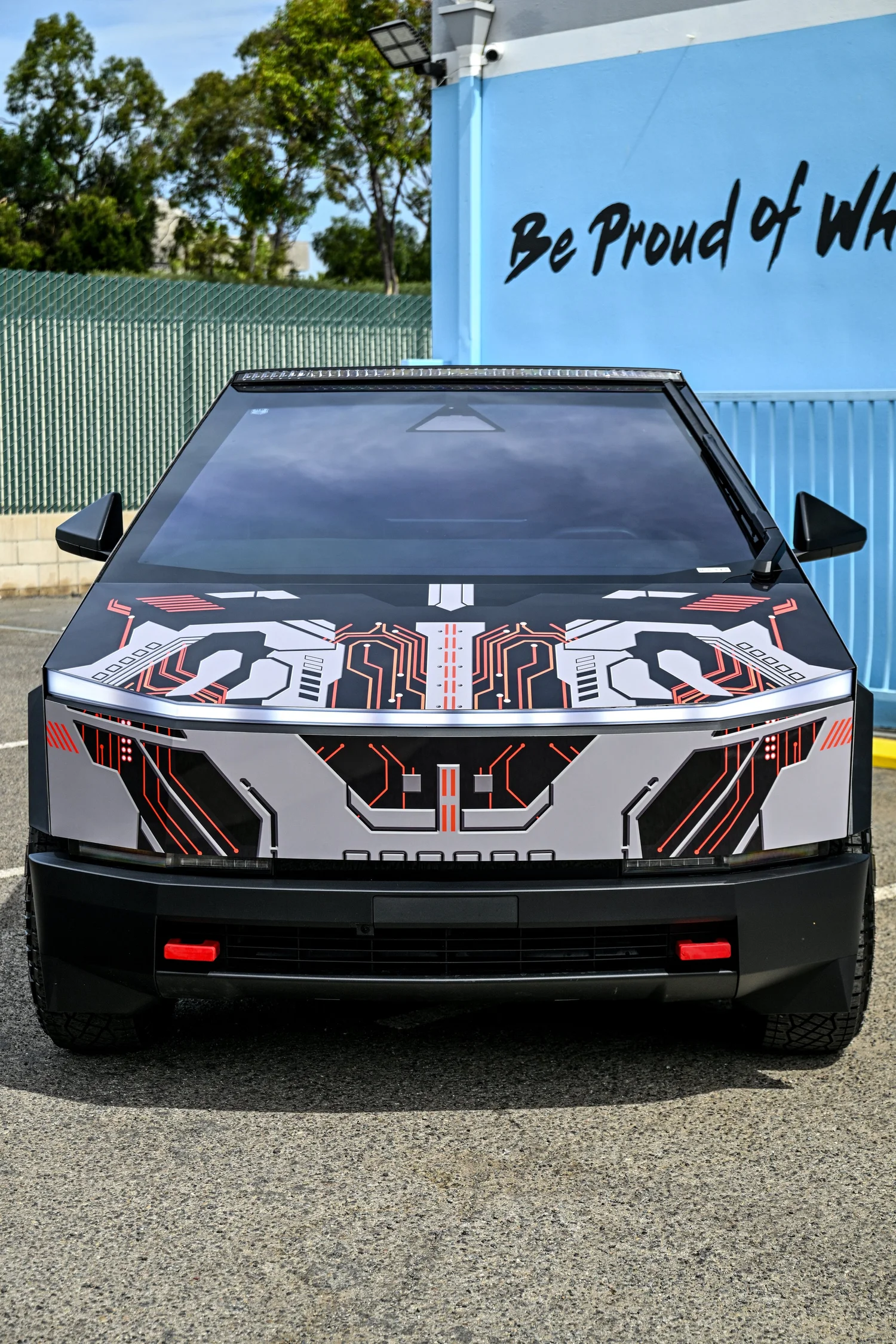 Front view of wrapped Tesla Cybertruck at Toyz Detail Studio