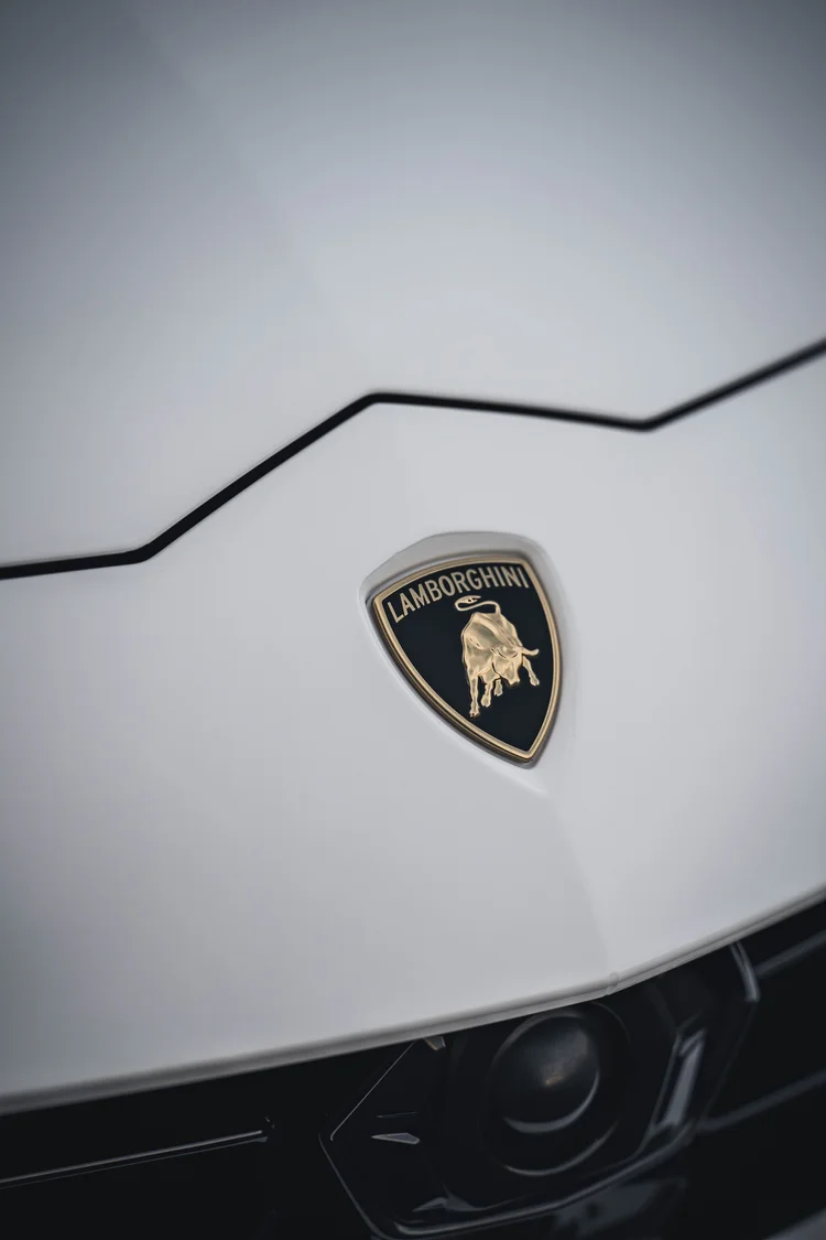 Lamborghini shield on the white hood above a black grille with a round black element.