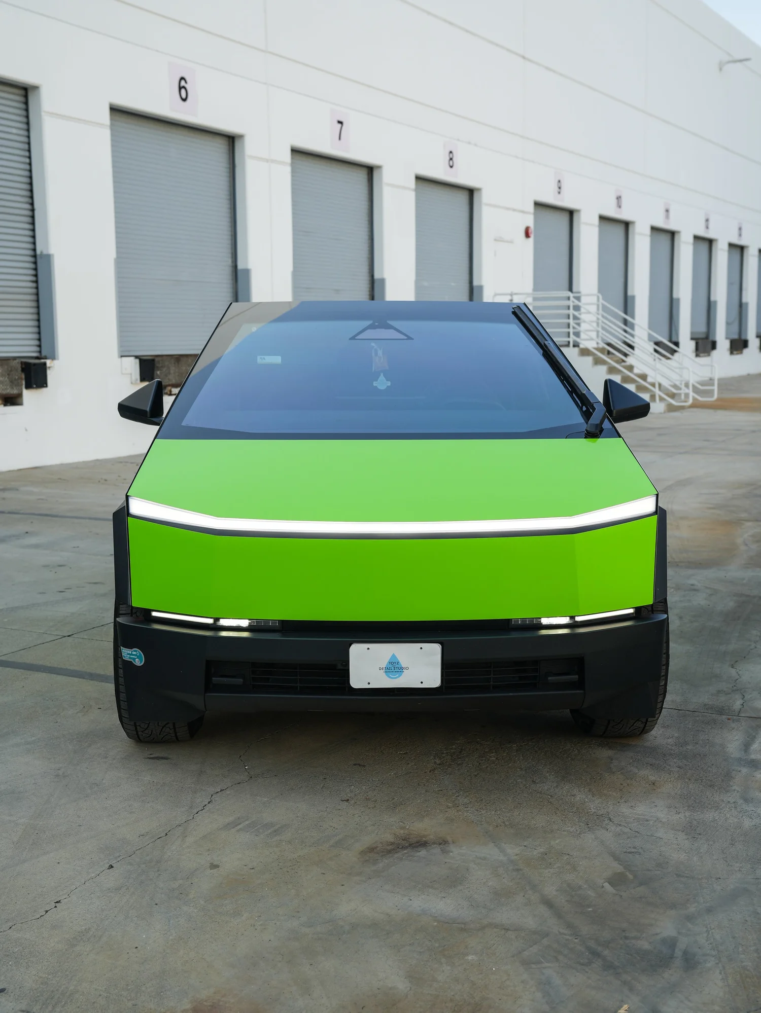 Tesla Cybertruck 3M Gloss Green after Vinyl Wrap, direct front view