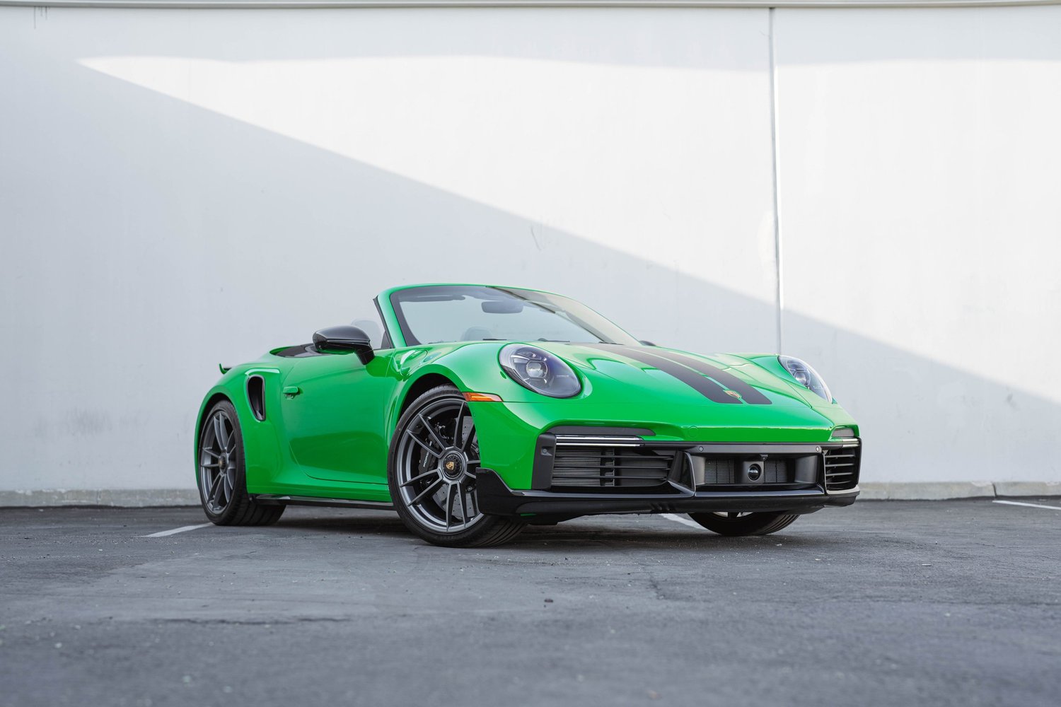 Signal Green Porsche 911 Turbo S after Paint Protection Film (PPF), Window Tint and Ceramic Coating, front-left three-quarter view