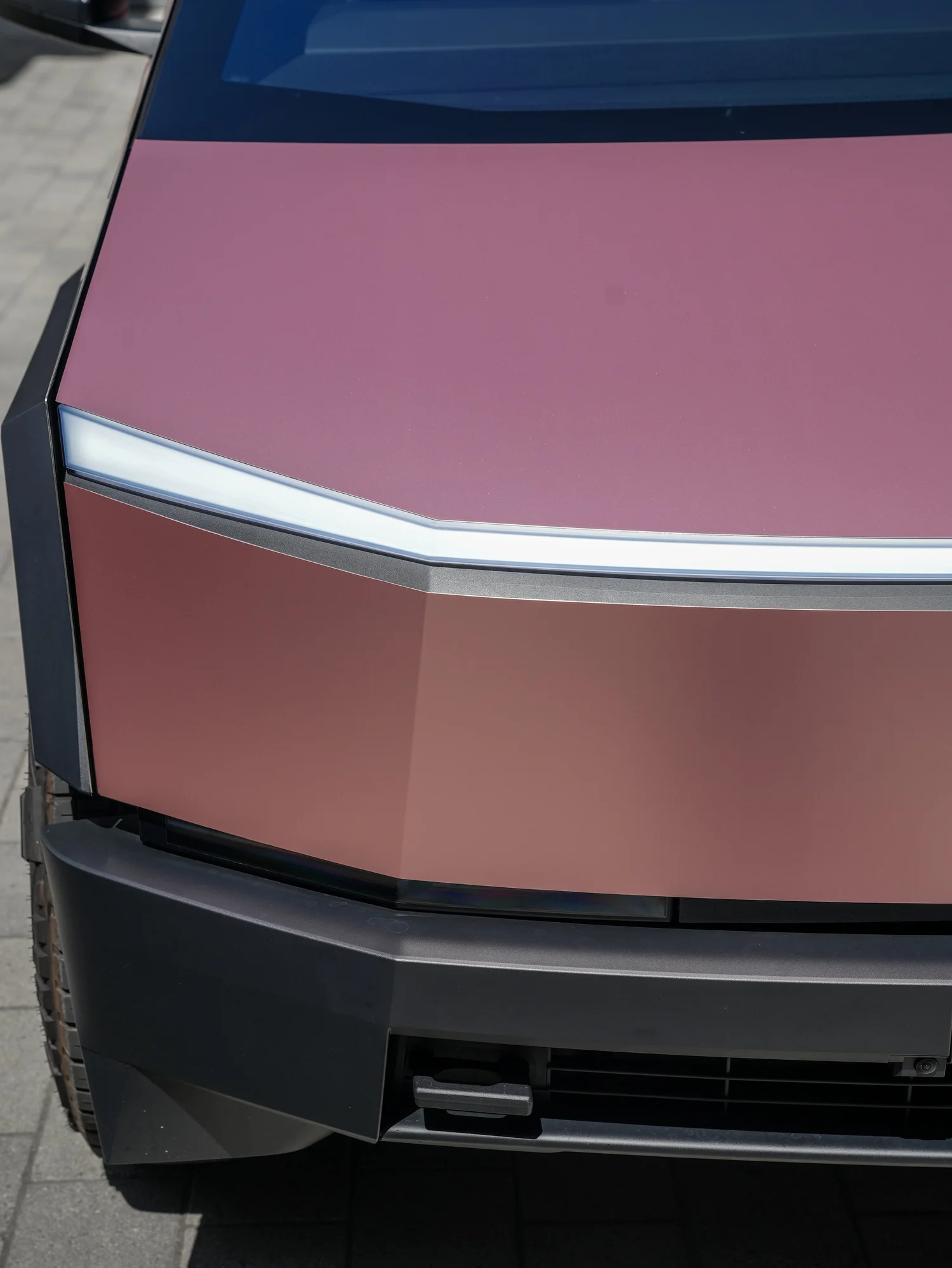 Tesla Cybertruck Matte Champagne Gold after Vinyl Wrap, hood and paint-finish detail
