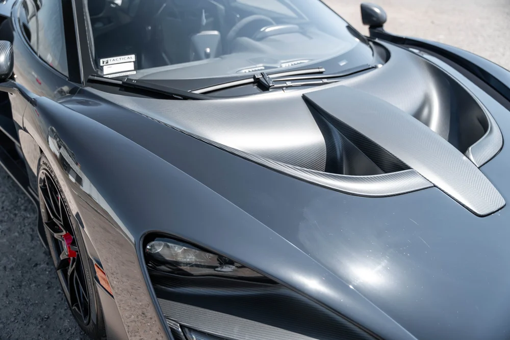 McLaren Senna hood vents, windshield and front headlight viewed from above